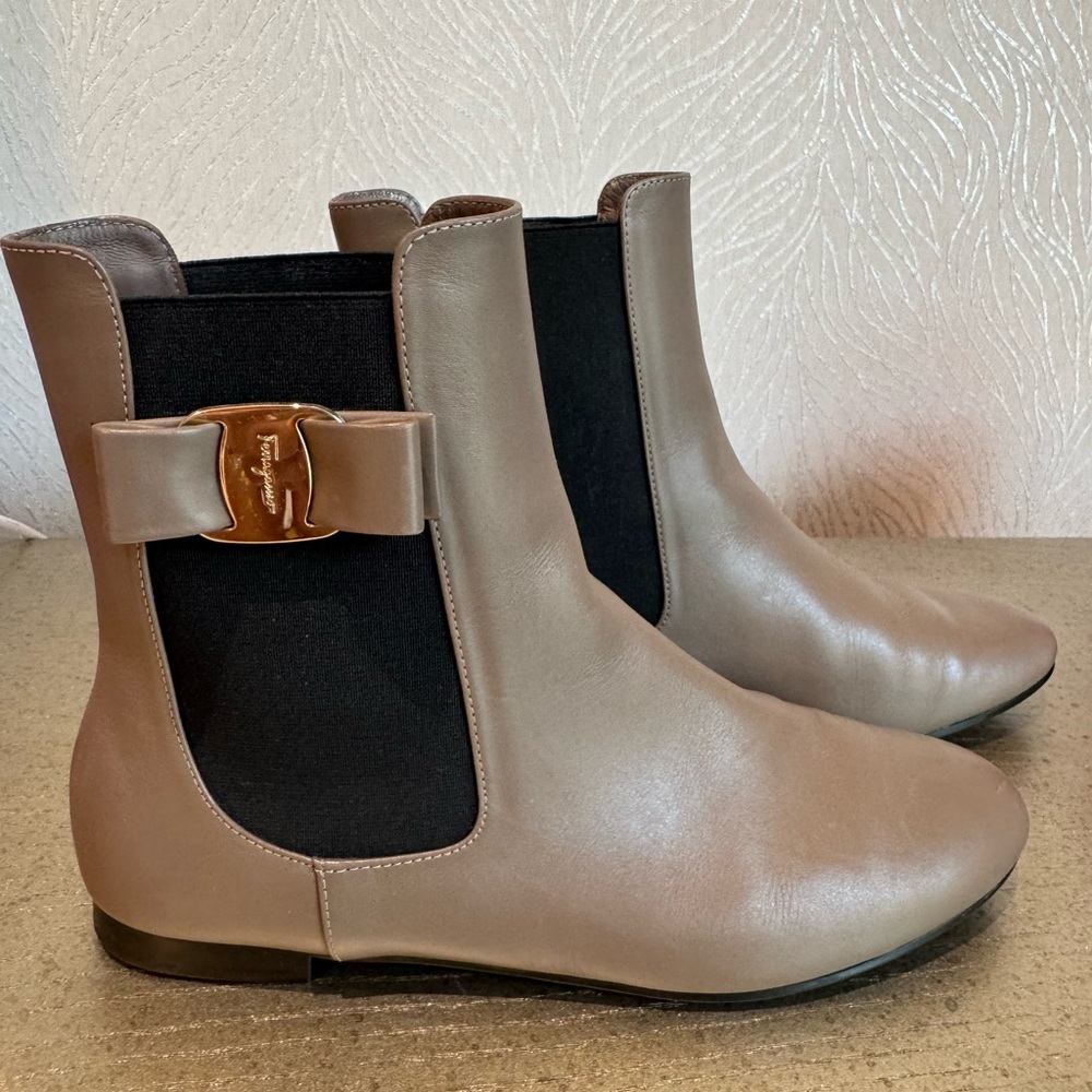 Salvatore Ferragamo Taupe and Black Ankle Boots